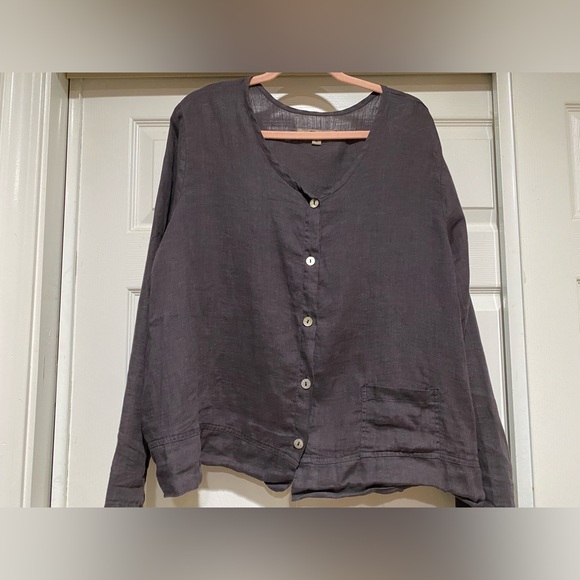 FLAX Long Sleeve Peplum Blouse Shirt Charcoal Button Linen Lagenlook Size Large - Picture 3 of 10